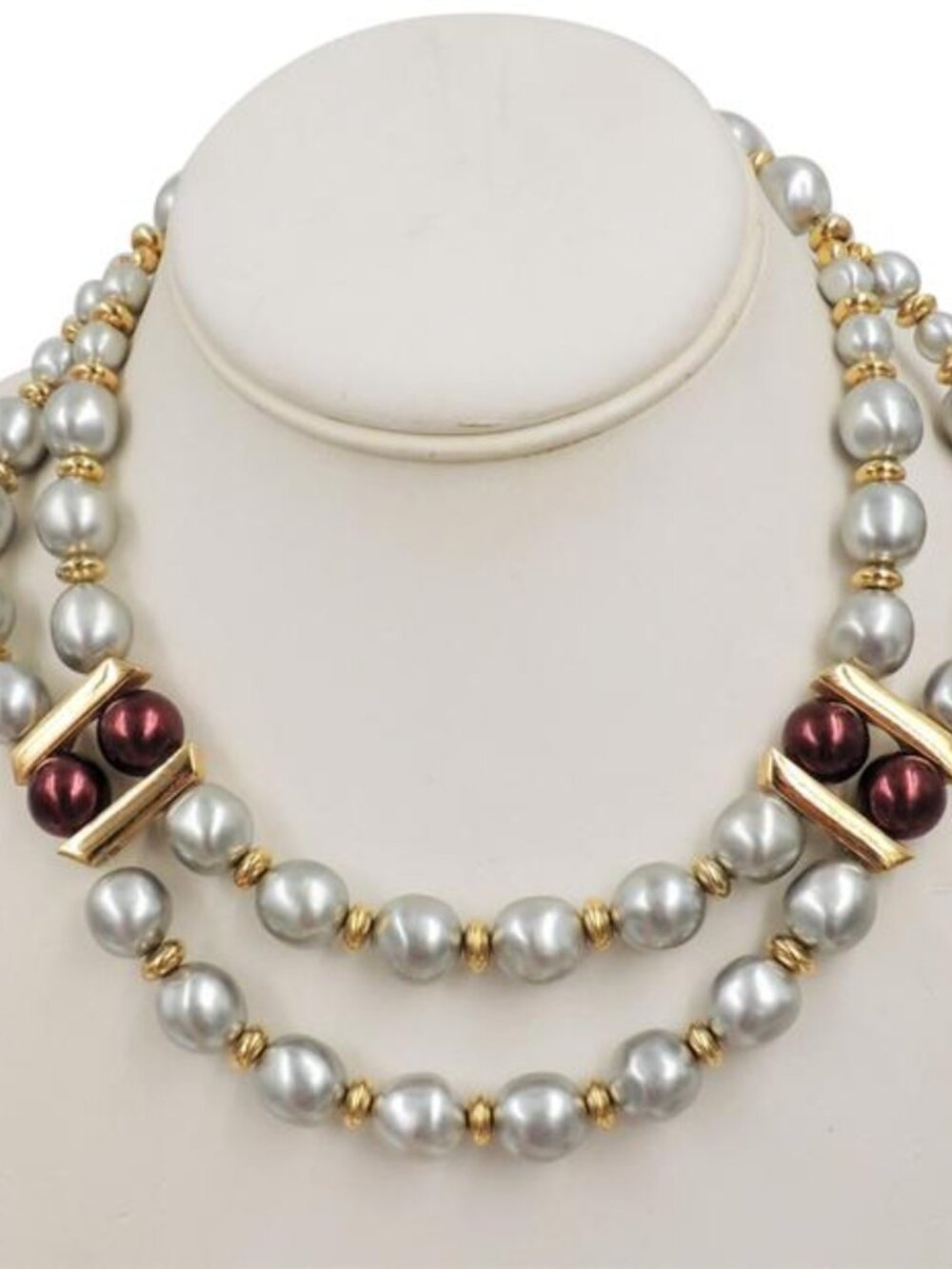 Vintage 1980s SignedNapier Grey Faux-Baroque Pearls & Red Beads Festoon Necklace